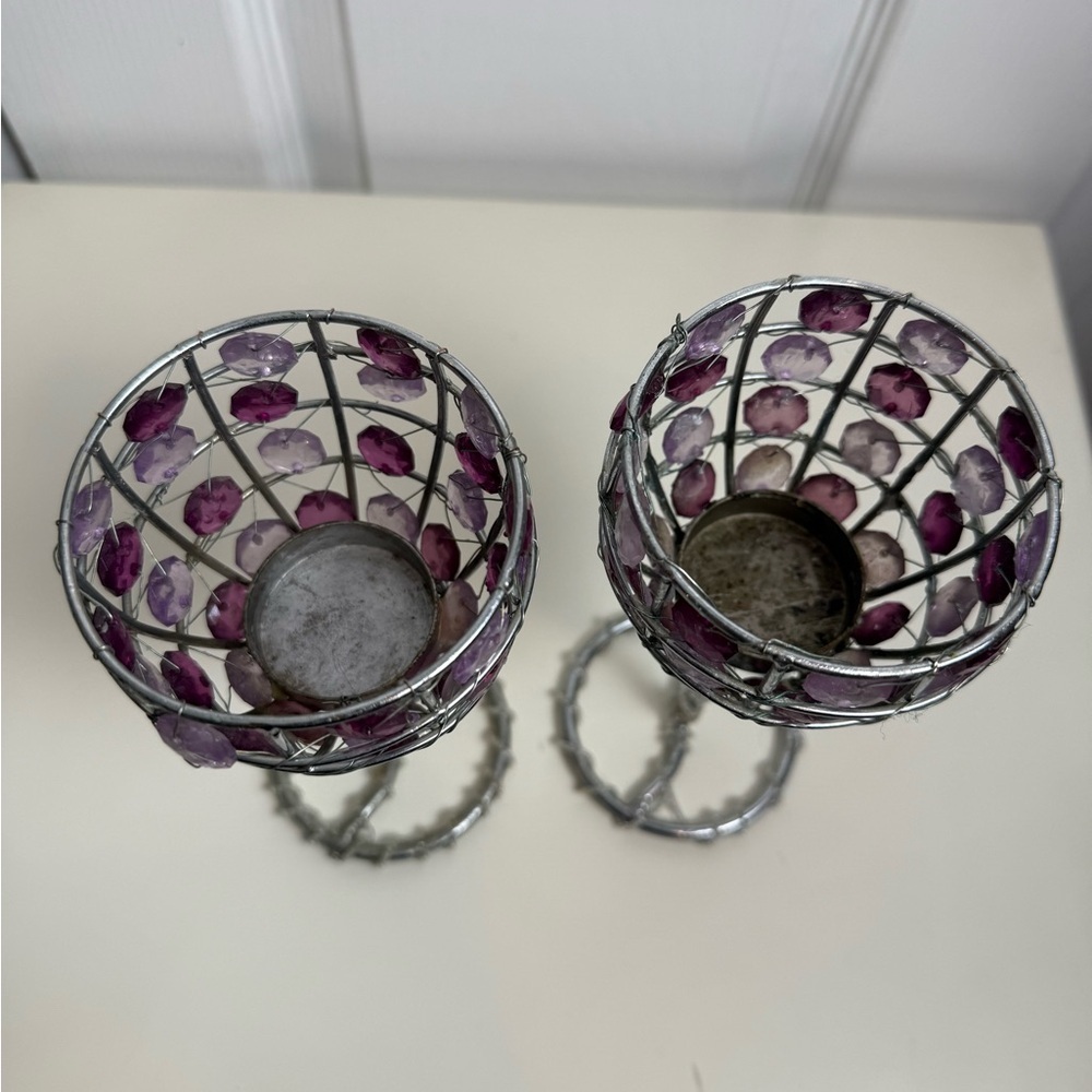 Set of 2 Purple Crystal Beaded Candle Holders Glam Decor - Picture 4 of 16